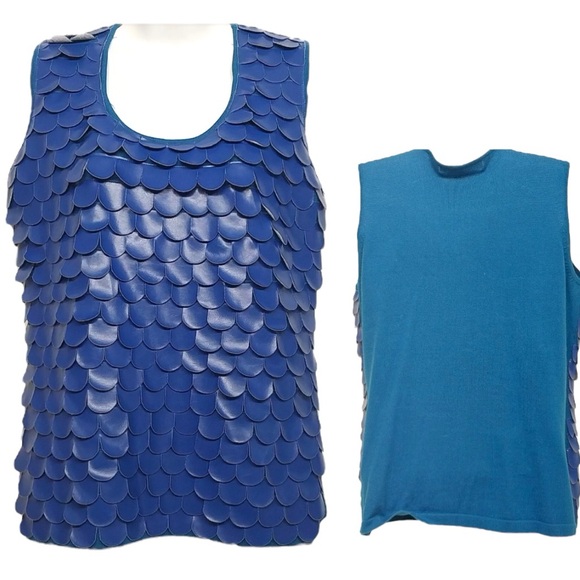 Mermaid Blue Scallop Vegan Leather Fishscale Sleeveless Tank Fairycore Retro XL - Picture 1 of 13